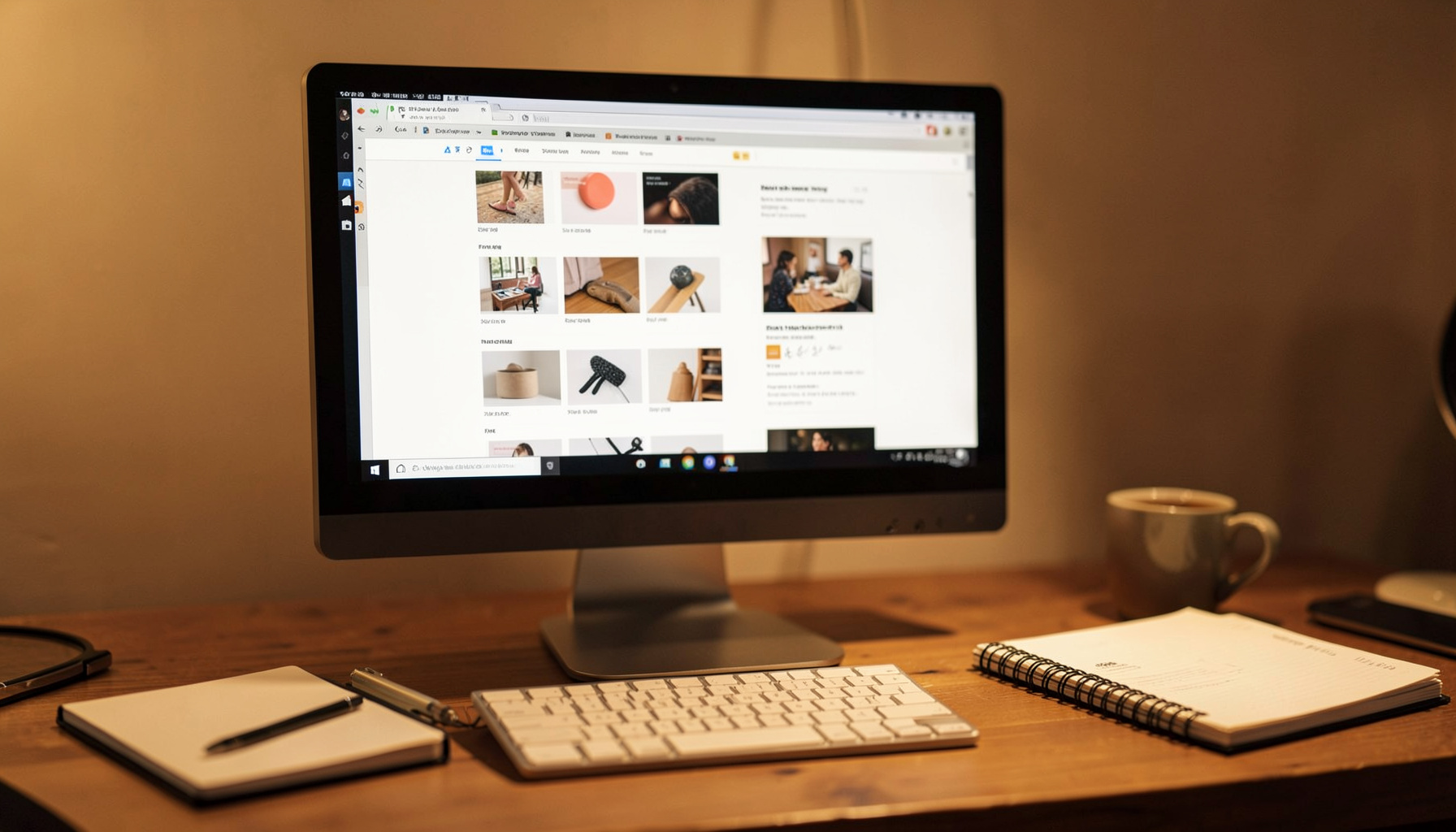 A warm desktop workspace with a large monitor displaying web design layouts, surrounded by notebooks and a coffee cup, bathed in soft amber and brown tones.