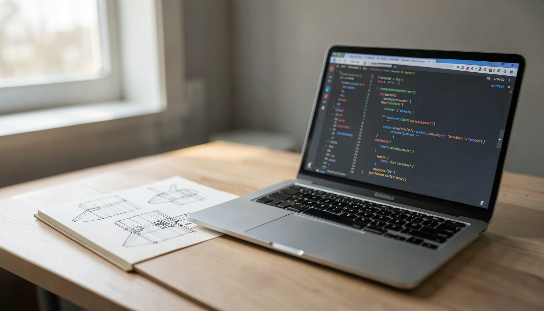 A clean desk setup with a sketchpad showing wireframe drawings, a laptop screen displaying HTML and CSS code, and soft natural light from a nearby window, in muted grays and warm whites.