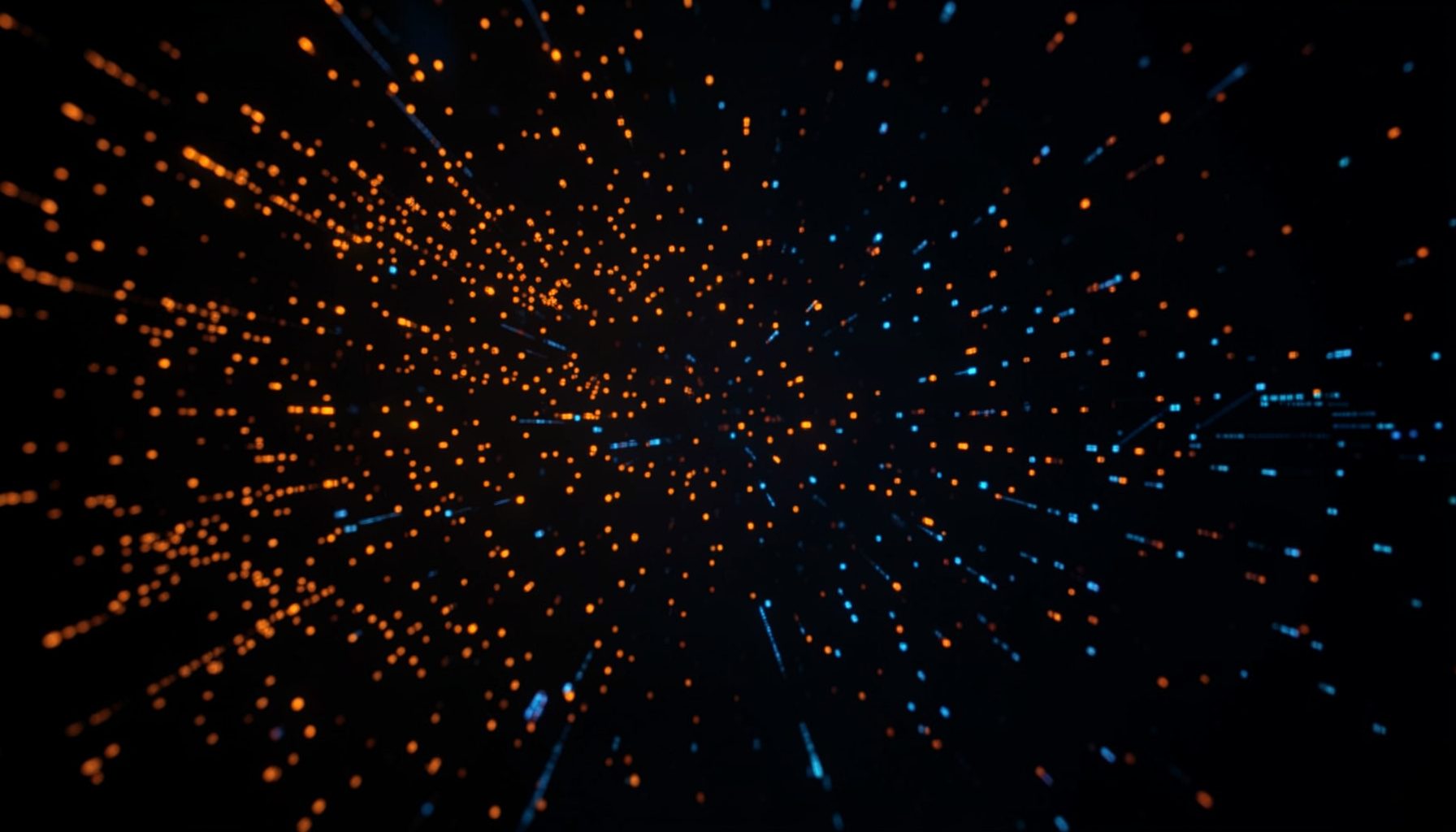 Dark abstract background with glowing orange and blue digital particles, suggesting technology and connectivity